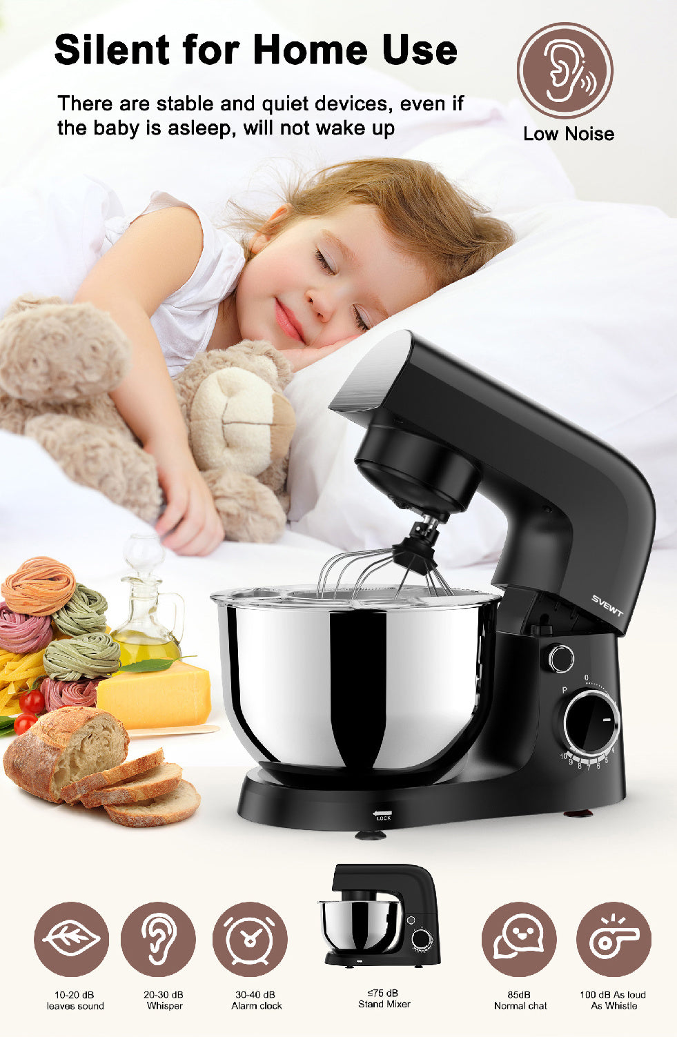 Stand mixer for pasterym pizza, cake making peacefully, emphasizing low noise and stable performance.